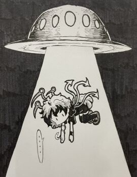 ... 1girl abduction asymmetrical_wings commentary dress full_body greyscale highres houjuu_nue monochrome no_mouth shoes short_hair short_sleeves snake solo spoken_ellipsis suteruko thighhighs touhou tractor_beam ufo wings |_|