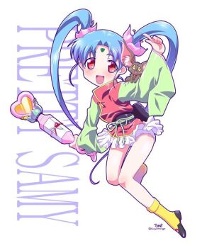 1girl arm_up black_footwear cabbit character_name facial_mark forehead forehead_mark green_sleeves himehachi_(hime8manga) kawai_sasami legs long_hair magical_girl mahou_shoujo_pretty_sammy miniskirt open_mouth panties panty_peek pretty_sammy_(character) red_eyes red_shirt shirt shoes skirt smile socks thighs twintails two-tone_shirt underwear very_long_hair wand white_panties white_skirt wind wind_lift yellow_socks