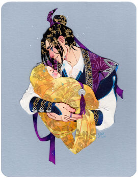 2boys artist_name baby bindi black_hair bracer carrying_baby carrying_person chinese_clothes cropped_torso crying crying_with_eyes_open family floral_print grey_background hair_bun hair_ribbon hanfu holding jewelry jiang_cheng jin_ling long_hair long_sleeves male_focus modao_zushi multiple_boys paper_cutout_(medium) papercraft_(medium) patterned_hair print_robe purple_hanfu purple_ribbon purple_robe ribbon ribboned_xiao_guan ring robe rounded_corners shirt simple_background single_hair_bun smile tears uncle_and_nephew unconventional_media white_shirt xiao_guan_(headdress) yellow_blanket yutaan