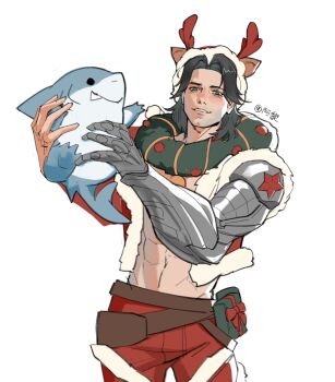 Rule 34 | 1boy, allie lynee, animal, artist name, christmas wreath, commentary, english commentary, fake antlers, fins, fish tail, highres, holding, holding animal, jeff (marvel), male focus, marvel, marvel rivals, official alternate costume, prosthesis, prosthetic arm, shark, shark fin, shark tail, smile, tail, winter soldier, wreath