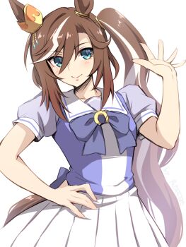 1girl animal_ears blue_eyes blush bow bowtie breasts brown_hair closed_mouth commentary_request ear_ornament highres horse_ears horse_girl horse_tail long_hair looking_at_viewer multicolored_hair pataneet pleated_skirt ponytail puffy_short_sleeves puffy_sleeves purple_bow purple_bowtie purple_shirt royal_hope_(the_royal_family) sailor_collar sailor_shirt school_uniform shirt short_sleeves side_ponytail skirt smile solo streaked_hair tail tbs the_royal_family_(tv_series) tracen_school_uniform umamusume white_hair white_sailor_collar white_skirt