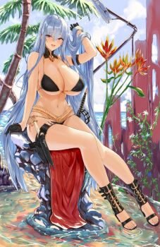 1girl adjusting_hair arm_strap bare_shoulders bikini black_bikini black_gloves blue_hair blush breasts cleavage detached_collar feet flower full_body gloves hair_lift hand_in_own_hair hand_up highres holding holding_own_hair holster holstered huge_breasts knife legs long_hair looking_at_viewer nail_polish navel open_mouth outdoors palm_tree purple_eyes red_eyes sandals selvaria_bles senjou_no_valkyria senjou_no_valkyria_(series) senjou_no_valkyria_1 shower_head sitting smile solo swimsuit thigh_holster thigh_strap thighs toenail_polish toenails toes toyoman tree underboob very_long_hair water