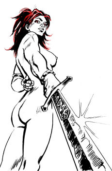 1girl alexey_lipatov bracelet breasts commentary english_commentary glint highres holding holding_sword holding_weapon jewelry long_hair looking_down millipen_(medium) muscular muscular_female nipples pen_(medium) pinup_(style) red_eyes red_hair red_sonja_(comics) scar solo sword traditional_media weapon