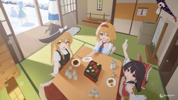 6+girls absurdres alice_margatroid artist_name ascot baumkuchen771 blonde_hair blue_bow blue_dress blue_eyes blue_hair bow braid brown_eyes brown_hair calendar_(object) capelet chopsticks cirno commentary detached_sleeves detached_wings dress english_commentary food_request frilled_bow frilled_hair_tubes frills gap_(touhou) gohei hair_bow hair_tubes hairband hakurei_reimu hat hat_bow highres holding holding_chopsticks ice ice_wings izayoi_sakuya kirisame_marisa kotatsu lens_flare long_hair looking_at_viewer multiple_girls new_year one_eye_closed open_mouth pinafore_dress plate red_bow red_hairband red_skirt ribbon-trimmed_sleeves ribbon_trim shouji side_braid single_braid skirt skirt_set sleeveless sleeveless_dress sliding_doors smile snow snowman table tatami tokkuri touhou translation_request under_kotatsu under_table watermark white_bow wings witch_hat yakumo_yukari yellow_ascot yellow_eyes