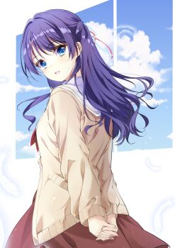 Rule 34 | 1girl, arms behind back, blue eyes, blue hair, blue sky, brown cardigan, brown dress, cardigan, cloud, commentary request, dress, feathers, from side, hair ribbon, hasu no sora school uniform, highres, hoijin, link! like! love live!, long hair, long sleeves, looking at viewer, love live!, murano sayaka, neckerchief, open mouth, red neckerchief, ribbon, sailor collar, school uniform, sky, smile, solo, white sailor collar, winter uniform