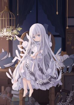 1girl :o barefoot birdcage blue_eyes button_eyes buttons cage chair commentary_request curtains dress flower grey_hair hair_between_eyes highres hugging_object indoors kushida_you long_hair looking_at_viewer night night_sky on_chair original parted_lips puffy_short_sleeves puffy_sleeves short_sleeves sitting sky solo stuffed_animal stuffed_narwhal stuffed_penguin stuffed_rabbit stuffed_toy teddy_bear very_long_hair white_dress white_flower window