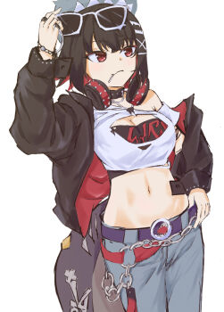1girl belt black_choker black_hair black_jacket breasts chain choker cleavage cleavage_cutout clothing_cutout commentary_request cowboy_shot crop_top e_delta_a ellen_joe eyewear_on_head grey_pants hair_ornament hairclip hand_up jacket jewelry long_sleeves midriff mouth_hold navel off_shoulder pants red_eyes ring short_hair single_bare_shoulder solo standing stomach sunglasses zenless_zone_zero