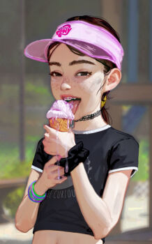 1girl black_choker black_scrunchie black_shirt blue_shorts bracelet braces brown_eyes brown_hair choker crop_top day diathorn food freckles highres holding holding_food ice_cream ice_cream_cone jewelry loli looking_at_viewer midriff my_little_pony original outdoors ponytail realistic scrunchie shirt short_sleeves shorts skinny smug solo stomach teeth tongue visor_cap wrist_scrunchie