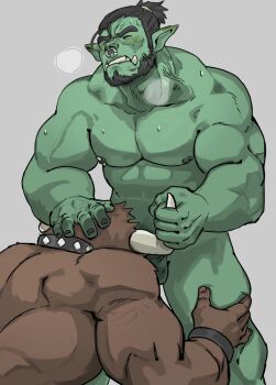 2boys abs bara beard breath brown_fur colored_skin completely_nude cow_horns face_piercing facial_hair feet_out_of_frame fellatio full_beard furry furry_male furry_with_non-furry green_skin highres horn_grab horns interspecies irrumatio large_pectorals male_focus mature_male minotaur multiple_boys muscular muscular_male nipples nose_piercing nose_ring nude oral orc original pectorals piercing pointy_ears short_hair sweat thick_beard thick_eyebrows thick_neck tusks veiny_neck yaoi zoyu_(wuedti)