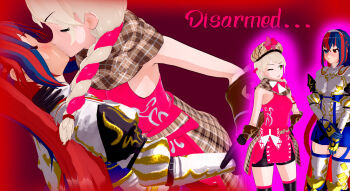 2girls 3d absurdres artist_request assertive_female blue_hair breasts english_text female_alear_(fire_emblem) fire_emblem fire_emblem_engage framme_(fire_emblem) highres kiss leaning_back leaning_forward long_hair medium_breasts multicolored_hair multiple_girls nintendo non-web_source red_hair small_breasts very_long_hair yuri