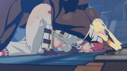 1boy 1girl 3d all_fours animated areola_slip ass bodysuit bouncing_ass bouncing_breasts breasts breasts_out clothed_female_nude_male dark-skinned_male dark_skin doggystyle green_eyes guilty_gear guilty_gear_strive halo hanging_breasts head_grab hentaudio hetero holding_detached_head interracial jack-o'_valentine multicolored_hair muscular muscular_male nipples nude pinned pinned_down rape red_hair restrained rouge_nine sex sex_from_behind solo_focus spiked_halo testicles top-down_bottom-up torn_bodysuit torn_clothes two-tone_hair video white_hair