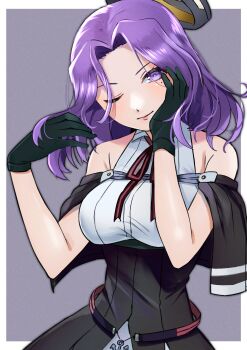 Rule 34 | 1girl, absurdres, black capelet, black dress, black gloves, border, breasts, capelet, commentary request, dress, gloves, hair intakes, halo, highres, kantai collection, mechanical halo, medium breasts, medium hair, one eye closed, purple background, purple eyes, purple hair, sleeveless, sleeveless dress, solo, tatsuta (kancolle), tatsuta kai ni (kancolle), toriniku senshi chikinman, white border