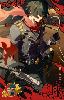 1boy absurdres belt black_gloves black_hair black_jacket cake chibi chibi_inset chinese_commentary closed_mouth commentary dated dog_tags fire food gloves hair_between_eyes happy_birthday hat highres holding holding_dog_tags jacket lighter_(zenless_zone_zero) long_sleeves looking_at_viewer male_focus multiple_views night official_art outdoors pants party_hat red_scarf scarf spiked_jacket torn_clothes torn_scarf zenless_zone_zero