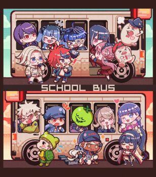 &gt;_&lt; +++ +_+ 6+boys 6+girls ;q ^_^ ahoge amemiya_darumi aotsuki_eito backpack bag baseball_cap black_bow black_eyes black_gloves black_hair black_hairband black_hat black_pants black_shirt black_shoes black_thighhighs blue_eyes blue_hair blue_hat blue_jacket blush_stickers boots bow bowtie braid bridge_piercing brother_and_sister brown_hair bus cape closed_eyes cloud commentary crossed_arms dark-skinned_female dark_skin drawstring earrings english_commentary english_text everyone eyelashes eyepatch face_piercing facepaint facial_mark fingerless_gloves flying_sweatdrops glasses gloves green_bag green_boots green_hat green_jacket green_shorts grey_hair grey_jacket hair_bow hair_bun hair_ornament hairband hand_on_own_hip hat heart heart_facial_mark high_collar holding holding_wrench hood hood_down hoodie jacket jacket_over_hoodie japanese_clothes jewelry kawana_tsubasa kimono kirifuji_nozomi lapels long_hair long_sleeves magadori_kyoshika mark_under_eye maruko_gaku mask mojiro_moko mole mole_under_mouth motor_vehicle multicolored_hair multicolored_jacket multiple_boys multiple_girls necktie nigou_(hundred_line) nota_sayaka notched_lapels notice_lines omokage_yugamu one_eye_closed oosuzuki_kurara open_clothes open_jacket open_mouth outdoors pants piercing pink_hair pink_hoodie pixel_art pleated_skirt pocket ponytail print_eyepatch puff_of_air purple_hair purple_jacket red-tinted_eyewear red_bow red_bowtie red_cape red_eyes red_hair red_hat red_necktie red_pants red_shirt red_skirt roots_(hair) round_eyewear semi-rimless_eyewear shirt shizuhara_hiruko shoes short_hair short_sleeves shorts siblings single_braid sirei_(hundred_line) skirt smile squatting steering_wheel streaked_hair sumino_takumi sweat takakura_shouma tareme the_hundred_line_-last_defense_academy- thigh_strap thighhighs tinted_eyewear tongue tongue_out triangle_earrings tsukumo_ima tsukumo_kako tsurime twins twintails two-tone_hair two-tone_jacket two_side_up u_u v-shaped_eyebrows white_hair white_hairband white_hoodie white_jacket white_kimono white_pants white_shirt white_shoes wrench yakushiji_takemaru yellow_shirt zipper_pull_tab