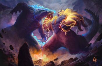 action animal ape battle blonde_hair charge_blade chipyray claws commentary creature crossover deviljho dinosaur dinosaur_tail dragon duel electricity english_commentary enraged_rajang fangs fighting full_body fur furry furry_male fusion giant giant_male giant_monster glowing godzilla godzilla_(monsterverse) godzilla_(series) godzilla_vs._kong gorilla horns insect_glaive jaw kaiju king_kong king_kong_(series) king_kong_vs._godzilla legendary_pictures male_focus monkey monster monster_hunter:_world monster_hunter_(series) monster_hunter_3 monsterverse muscular muscular_male open_mouth oversized_animal rajang red_eyes scales sharp_teeth sky solo spiked_helmet spikes spines standing tail teeth toho yellow_eyes
