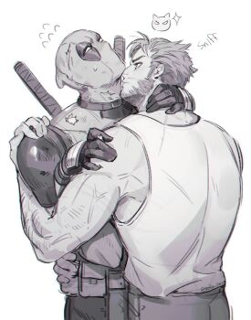 2boys animification artist_name back bare_shoulders blush bodysuit choker closed_mouth commentary_request deadpool deadpool_&amp;_wolverine deadpool_(series) facial_hair flying_sweatdrops greyscale hand_around_neck hand_on_another&#039;s_shoulder highres hug korean_commentary looking_at_another male_focus malin_linnn marvel monochrome multicolored_bodysuit multiple_boys muscular muscular_male pocket scar short_hair simple_background sparkle superhero_costume sweatdrop tank_top torn_bodysuit torn_clothes two-tone_bodysuit weapon weapon_on_back wolverine_(x-men) yaoi