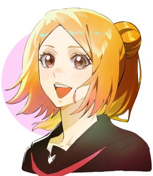 Rule 34 | 1girl, absurdres, black sailor collar, black serafuku, bleach, bleach: sennen kessen-hen, brown eyes, commentary request, hair bun, highres, inoue orihime, korean commentary, light blush, looking at viewer, medium hair, n (nauki 11), neckerchief, official alternate costume, open mouth, orange hair, parted bangs, red neckerchief, sailor collar, school uniform, serafuku, solo, teeth, upper body, upper teeth only, white background