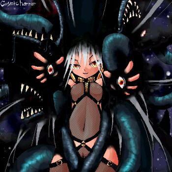 1girl animification breasts character_name cleft_of_venus cosmic_horror extra_eyes female_focus gradient_eyes looking_at_viewer lowres magic:_the_gathering monster_girl multicolored_eyes oekaki open_in_internet_explorer orange_eyes parted_lips pussy revealing_clothes see-through_clothes small_breasts smile smirk solo white_hair yellow_eyes yone88 yonezuka_ryou