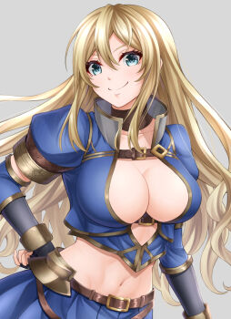 Rule 34 | 1girl, aqua eyes, azure (armor), belt, black gloves, blonde hair, blue skirt, breasts, brown belt, center opening, closed mouth, collarbone, eyelashes, fingerless gloves, gloves, grey background, hair between eyes, hand on own hip, large breasts, long hair, looking at viewer, monster hunter (character), monster hunter (series), monster hunter frontier, navel, pleated skirt, puffy short sleeves, puffy sleeves, short sleeves, skirt, smile, solo, ten (tenchan man), very long hair