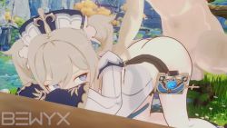 1boy 1girl 3d 60+fps animated ass audible_speech barbara_(genshin_impact) bewyx blonde_hair blue_eyes bottomless clothed_female_nude_male clothed_sex doggystyle genshin_impact hairdressing hetero huge_filesize nude penis sex sex_from_behind sound testicles twintails uncensored video