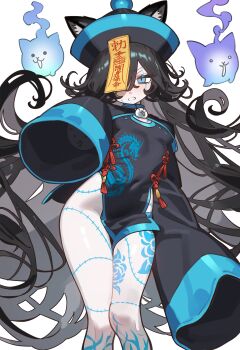1girl absurdres alternate_costume animal_ears black_dress black_hair blue_eyes blue_lips blush body_markings bodypaint breasts cat_ears cat_girl china_dress chinese_clothes clothes_between_thighs colored_skin covered_navel dark_kasli_(nyanko_daisensou) dragon_print dress ebora from_below furrowed_brow grimace hair_over_one_eye hat highres hitodama jiangshi kasli_(nyanko_daisensou) long_hair looking_at_viewer no_panties nyanko_daisensou ofuda ofuda_on_head pale_skin qingdai_guanmao scowl shrug_(clothing) simple_background sleeves_past_fingers sleeves_past_wrists slit_pupils small_breasts solo very_long_hair wavy_hair white_background white_skin wide_sleeves