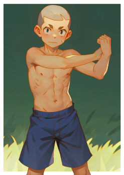 1boy blue_eyes blue_shorts border buzz_cut grass male_focus nipples original ryou_hiryuu shaved_head shorts solo toned toned_male topless_male very_short_hair
