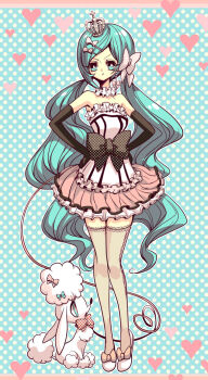 1girl :t aqua_eyes aqua_hair bad_id bad_pixiv_id bare_shoulders bow crown dog elbow_gloves female_focus gloves hair_bow hair_ornament hair_ribbon hairclip hands_on_own_hips hata_hiro hatsune_miku leash long_hair poodle ribbon skirt solo thighhighs twintails very_long_hair vocaloid