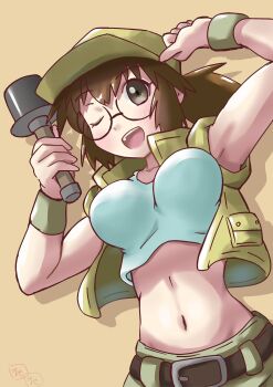 Rule 34 | belt, brown eyes, brown hair, commentary request, crop top, explosive, field cap, fio germi, glasses, grenade, hat, highres, mayashi205, metal slug, military, one eye closed, ponytail, round eyewear, weapon