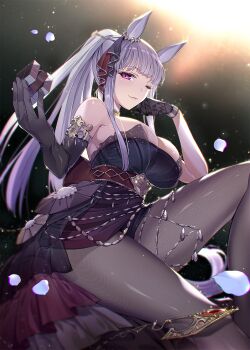 1girl animal_ears asymmetrical_gloves bare_shoulders black_dress black_gloves black_pantyhose breasts closed_mouth dress ear_ornament elbow_gloves evening_gown gloves gold_ship_(la_mode_564)_(umamusume) gold_ship_(umamusume) grey_hair highres holding horse_ears horse_girl horse_tail jewelry large_breasts long_hair looking_at_viewer nazo_kitsune official_alternate_costume official_alternate_hairstyle one_eye_closed pantyhose ponytail purple_eyes rubik&#039;s_cube smile solo tail umamusume uneven_gloves