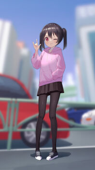 >:) 1girl \m/ alternate_costume black_hair black_pantyhose black_skirt blue_background blurry car commentary_request converse depth_of_field eichisu flat_chest full_body hair_between_eyes hand_in_pocket highres hood hood_down hoodie long_sleeves love_live! love_live!_school_idol_project miniskirt motor_vehicle outdoors pantyhose pink_hoodie pleated_skirt railing red_eyes skirt solo twintails v-shaped_eyebrows yazawa_nico
