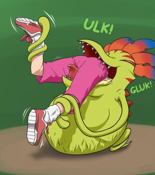 1girl ashley_urikoshima bound cunnilingus digimon eating inside_creature licking loli monster oral peril pink_shorts plant restrained saliva shoes shorts simple_background sneakers sound_effects stomach_bulge swallowing tongue vegimon vines vore yagami_hikari