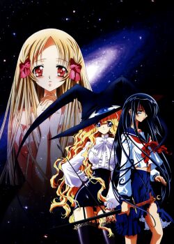 Rule 34 | 00s, azuma hatsumi, azuma hazuki, black legwear, blunt bangs, garter straps, highres, holding, holding sword, holding weapon, lace, lace-trimmed legwear, lace trim, lilith (yamibou), long hair, miniskirt, official art, own hands together, petticoat, school uniform, serafuku, skirt, slip showing, sword, thighhighs, torn clothes, very long hair, wavy hair, weapon, yami to boushi to hon no tabibito, yuri