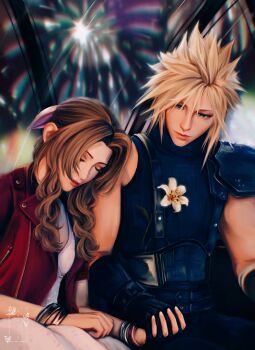1boy 1girl aerial_fireworks aerith_gainsborough arm_belt armor bandaged_arm bandages bangle belt black_gloves blonde_hair blue_eyes blue_shirt bracelet braid braided_ponytail breasts brown_hair closed_eyes closed_mouth cloud_strife commentary couple dating dress english_commentary ferris_wheel final_fantasy final_fantasy_vii final_fantasy_vii_rebirth final_fantasy_vii_remake fireworks flower gloves gold_bangle hair_between_eyes hair_ribbon half-closed_eyes hetero highres holding_hands interlocked_fingers jacket jewelry lily_(flower) long_dress long_hair looking_at_another medium_breasts multiple_belts parted_bangs pink_dress pink_ribbon red_jacket red_lips ribbed_shirt ribbon shanlieart shirt short_hair shoulder_armor sidelocks silver_bangle single_bare_shoulder single_braid single_shoulder_pad sitting smile spiked_hair suspenders upper_body wavy_hair yellow_flower
