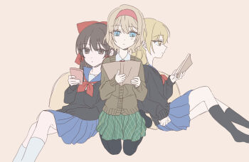 Rule 34 | 3girls, absurdres, alice margatroid, alternate costume, black pantyhose, black socks, black sweater, blonde hair, blue eyes, blue skirt, book, bow, brown cardigan, brown eyes, brown hair, cardigan, closed mouth, commentary request, contemporary, green skirt, hair bow, hair tubes, hairband, hakurei reimu, highres, holding, holding book, kirisame marisa, kneehighs, leaning on person, long hair, multiple girls, neckerchief, no headwear, open book, orange background, pantyhose, pink hairband, pleated skirt, reading, red bow, red neckerchief, school uniform, simple background, sitting, skirt, socks, sweater, touhou, tsuno no hito, white socks, yellow eyes