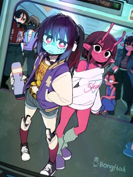 3boys 3girls absurdres aqua_skin artist_name black_hair black_shoes blue_pants bongftah character_request colored_skin denim denim_shorts highres kujo_chiharu kurusu_makina_(milky_galactic_universe) long_hair looking_at_viewer milky_subway multiple_boys multiple_girls pants parted_lips pink_skin shoes short_hair shorts teeth