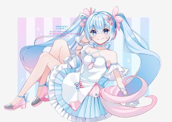 1girl aqua_eyes aqua_hair breasts cherry_blossoms choker closed_mouth commentary dress flower fusion gradient_hair hair_between_eyes hair_flower hair_ornament hair_ribbon hatsune_miku high_heels highres long_hair masumofu medium_breasts multicolored_hair pink_hair pumps ribbon sakura_miku simple_background smile solo strapless strapless_dress twintails very_long_hair vocaloid watermark white_background white_choker white_dress yuki_miku