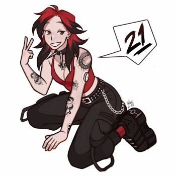 Rule 34 | 1girl, arm tattoo, belt, black belt, black hair, black pants, black shoes, body freckles, breasts, brown eyes, cargo pants, chain, chest tattoo, cleavage, collar, commentary, crop top, earrings, english commentary, freckles, full body, gluca, grin, highres, infusion set, jewelry, midriff, multicolored hair, pants, platform shoes, real life, red hair, red socks, red tank top, self-portrait, shoes, shoulder tattoo, sitting, small breasts, smile, socks, solo, spiked collar, spikes, spoken number, streaked hair, tank top, tattoo, two-tone hair, v