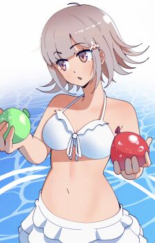Rule 34 | 1girl, absurdres, bare shoulders, bikini, blunt bangs, breasts, brown hair, cleavage, collarbone, commentary, danganronpa (series), danganronpa 2: goodbye despair, flipped hair, gjh, highres, holding, large breasts, layered skirt, medium hair, nanami chiaki, navel, open mouth, skirt, solo, stomach, swimsuit, water, water balloon, white bikini