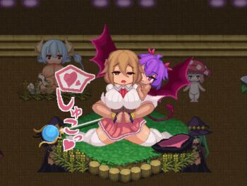 1futa 1girl animated animated_gif barefoot breasts brown_eyes brown_hair bulge capelet clothed_sex cum demon_girl demon_tail demon_wings ejaculation erection femdom footjob footjob_over_clothes futa_with_female futanari grabbing_from_behind heart monster_girl multiple_girls on_ground pixel_art purple_hair red_eyes sitting skirt spoken_heart tacchon tagme tail thighhighs wand white_legwear wings