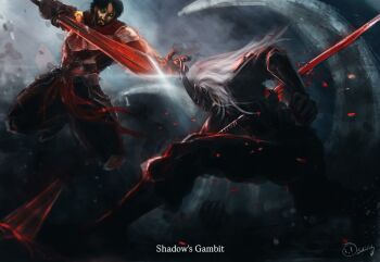 1boy 1other anvil_(shadow_slave) armor artskiddy69 attack beard black_gloves black_hair clenched_hand debris facial_hair fighting from_below full_body glass_shards glint gloves hair_flowing_over highres holding holding_sword holding_weapon jumping long_hair mask rope_belt serious shadow_slave short_hair sunny_(shadow_slave) sword weapon white_hair