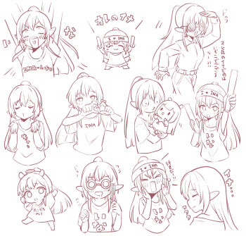 2girls arm_up arms_up barefoot blush character_doll chibi closed_eyes closed_mouth clothes_writing coke-bottle_glasses doll glasses glowstick hair_between_eyes halo headband holding hololive hololive_english long_hair monochrome multiple_girls multiple_views ninomae_ina&#039;nis pants pointy_ears ponytail puckered_lips sasaki_(glass1138) shiranui_flare shirt short_sleeves translation_request very_long_hair virtual_youtuber