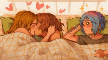 3girls arm_tattoo bedroom blanket blonde_hair blue_hair blush body_freckles brown_hair chloe_price freckles french_kiss hair_dye heart highres kiss life_is_strange_(series) long_hair max_caulfield maxcrackfield multicolored_hair multiple_girls on_bed pillow rachel_amber roots_(hair) shirt short_hair smile tattoo yuri