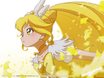 Rule 34 | 1girl, blonde hair, blush, bow, brooch, choker, collarbone, commentary request, cure peace, earrings, ginkgo leaf, hair ornament, high ponytail, highres, jewelry, kise yayoi, leaf, long hair, looking ahead, mayena, parted lips, ponytail, precure, puffy sleeves, signature, simple background, smile precure!, solo, upper body, white background, wide ponytail, yellow bow, yellow choker, yellow eyes, yellow theme