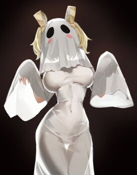 1girl blonde_hair blush breasts burnice_white commentary covered_navel cowboy_shot dark_background dress ghost ghost_costume ghost_mask ghost_pose halloween halloween_costume highres medium_breasts naked_costume ppangchil sheet_ghost short_twintails solo standing taut_clothes tight_clothes tight_dress twintails white_dress zenless_zone_zero