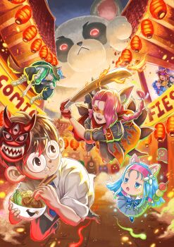 2boys 2girls absurdres animal animal_ears bear blue_hair braid character_request chibi chinese_lamp closed_eyes copyright_request eating fangs fingerless_gloves fire flame_print food giant glasses gloves goggles gokuartz green_hair highres holding holding_weapon kitsune lamp malaysia mask multiple_boys multiple_girls multiple_tails open_mouth panda pink_hair scenery smile tail weapon