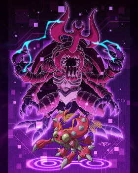 Rule 34 | atlurkabuterimon, bug, compound eyes, digimon, digimon (creature), digimon adventure, electricity, evolutionary line, extra arms, full body, green eyes, highres, horns, insect wings, looking at viewer, no humans, purple background, red wings, single horn, tentomon, uchiha jake, wings