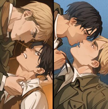 Rule 34 | 2boys, angry, angrymiloras, blonde hair, blue eyes, bolo tie, brown eyes, brown hair, brown jacket, brown vest, clenched teeth, clothes grab, collared shirt, commentary, english commentary, erwin smith, eye contact, furious, highres, imminent kiss, jacket, lapels, levi (shingeki no kyojin), looking at another, male focus, multicolored hair, multiple boys, necktie, necktie grab, neckwear grab, open mouth, profile, shingeki no kyojin, shirt, shirt grab, sideburns, teeth, thick eyebrows, two-tone hair, upper teeth only, vest, white shirt, wide-eyed, wing collar, yaoi