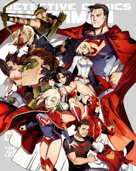 5boys 5girls alien amazon_warrior animal arrow_(projectile) barry_allen beard belt black_canary black_hair blonde_hair blue_eyes boots bow_(weapon) breasts brown_hair cape clark_kent cleavage cleavage_cutout clothing_cutout conner_kent dc_comics dog domino_mask eye_mask facial_hair flash_(series) gloves green_arrow green_arrow_(series) green_lantern green_lantern_(series) hal_jordan hat hawkgirl jacket jewelry justice_league kal-el kon-el krypto kryptonian leotard long_hair mask multiple_boys multiple_girls oliver_queen pants power_girl quiver red_cape red_footwear ring s_shield shirt shoes short_hair sleeveless starshadowmagician superboy supergirl superman superman_(series) t-shirt the_flash weapon wings wonder_woman wonder_woman_(series)