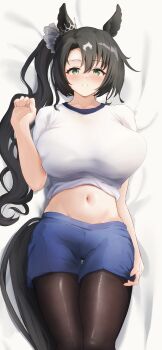 1girl absurdres animal_ears arm_at_side black_hair black_pantyhose blue_shorts blush breasts commentary_request ear_ornament ear_through_crown gluteal_fold green_eyes hair_between_eyes highres horse_ears horse_girl horse_tail incredibly_absurdres large_breasts long_hair lying multicolored_hair on_back p1_fcoyaa pantyhose pantyhose_under_shorts ponytail puffy_short_sleeves puffy_sleeves satono_crown_(umamusume) shirt short_sleeves shorts smile solo streaked_hair tail umamusume white_hair white_shirt