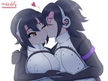 1boy 1girl animal_costume black_hair blush brown_eyes closed_eyes gloves grape-kun headphones heart highres hood hoodie humanization humboldt_penguin_(kemono_friends) iredify jacket kemono_friends kiss looking_at_viewer multicolored_hair penguin_costume penguin_girl pink_hair real_life short_hair simple_background smile tail